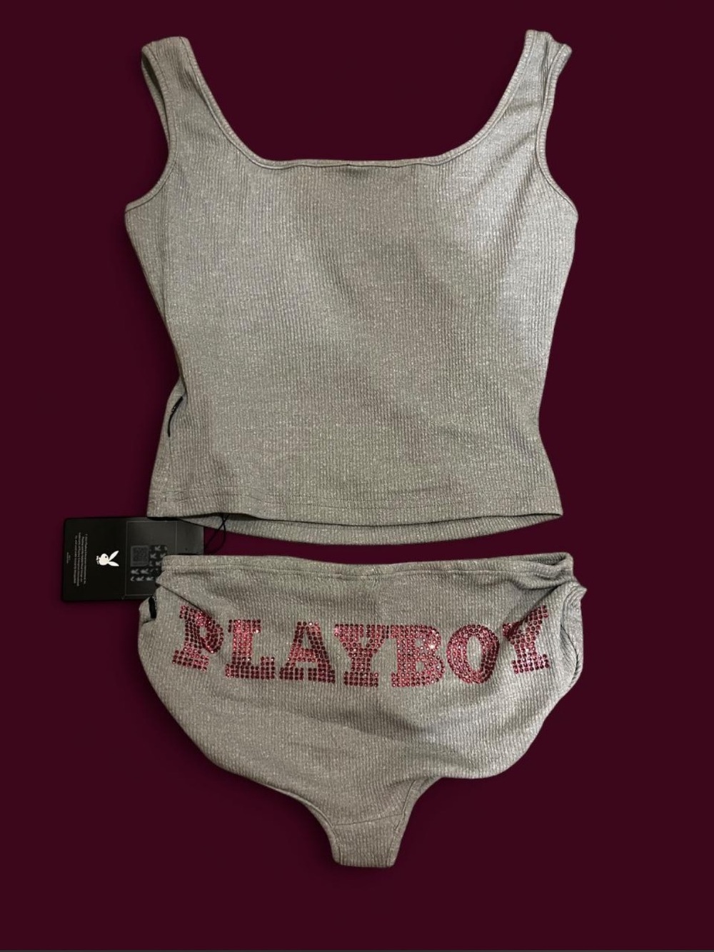 PLAYBOY Grey Ribbed Tank & underwear Set - Picture 2 of 2